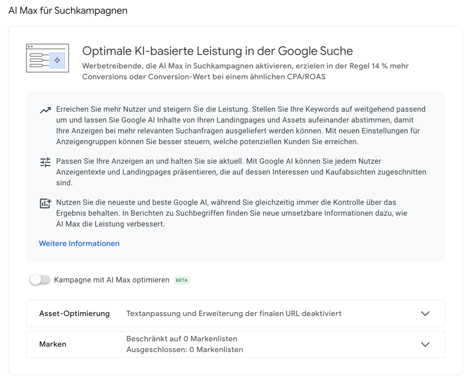 Screenshot – AI Max-Option in einer Google-Ads-Suchkampagne